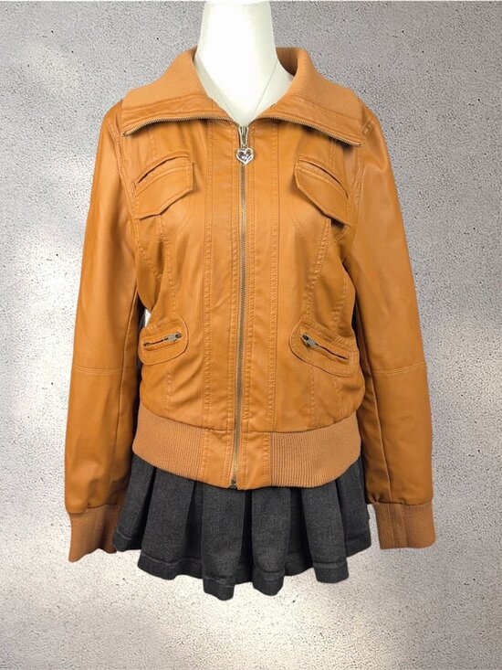 Zenana Outfitters Jackets & Blazers - Zenana Outfitters Vegan Leather Moto Bomber Jacket Women’s L Tan Biker Y2K Chic